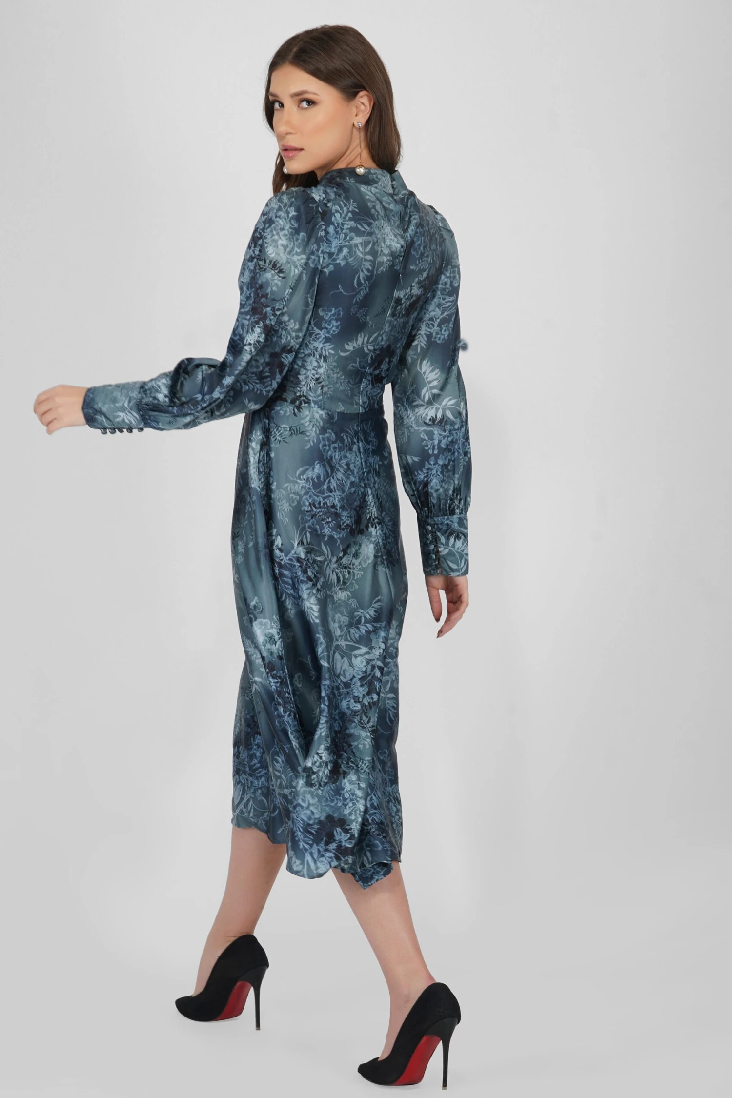 Taylor Long Sleeve Satin Midi Dress In Blue 4 Taylor Long Sleeve Satin Midi Dress In Blue - Image 4