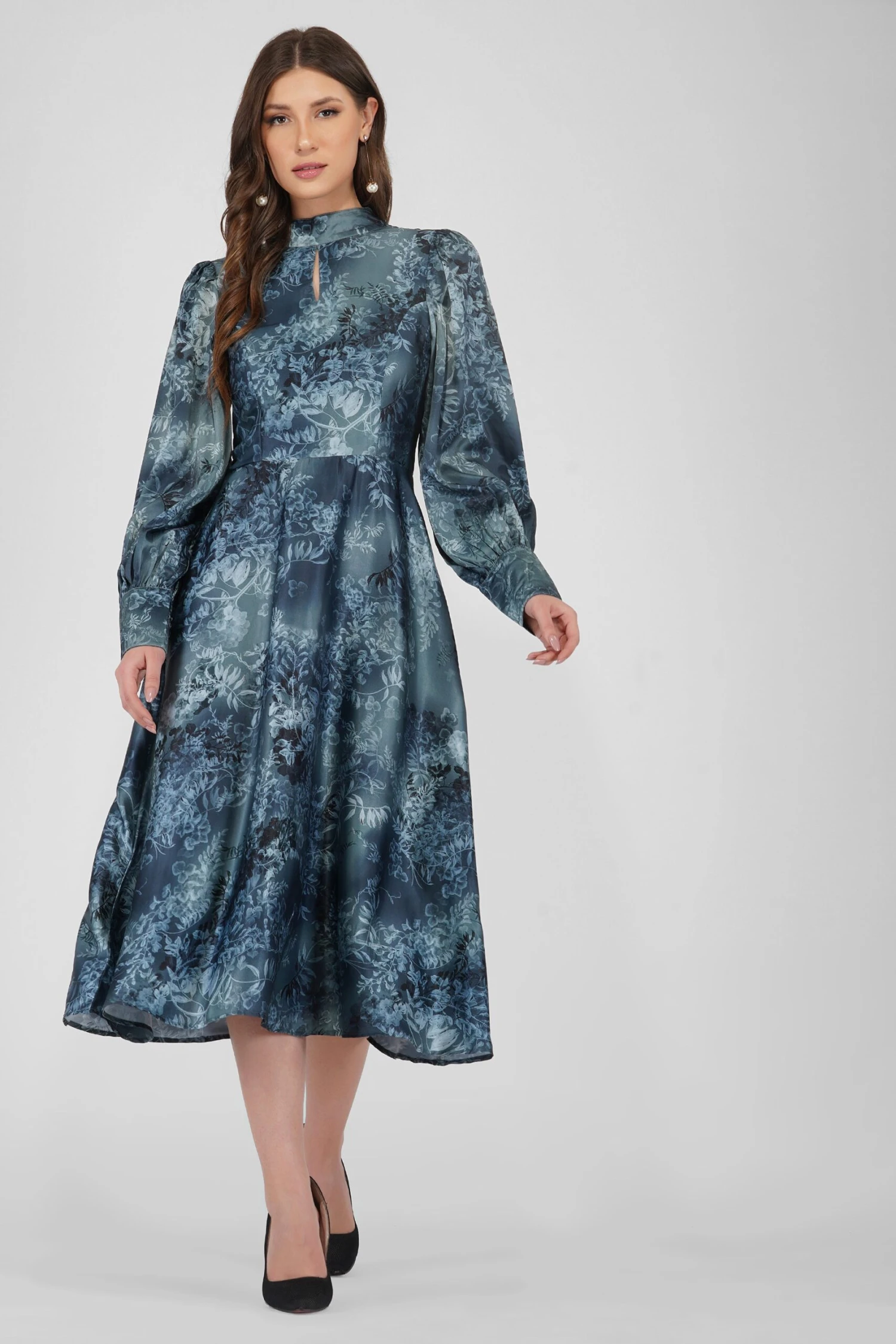Taylor Long Sleeve Satin Midi Dress In Blue 2 Taylor Long Sleeve Satin Midi Dress In Blue - Image 2