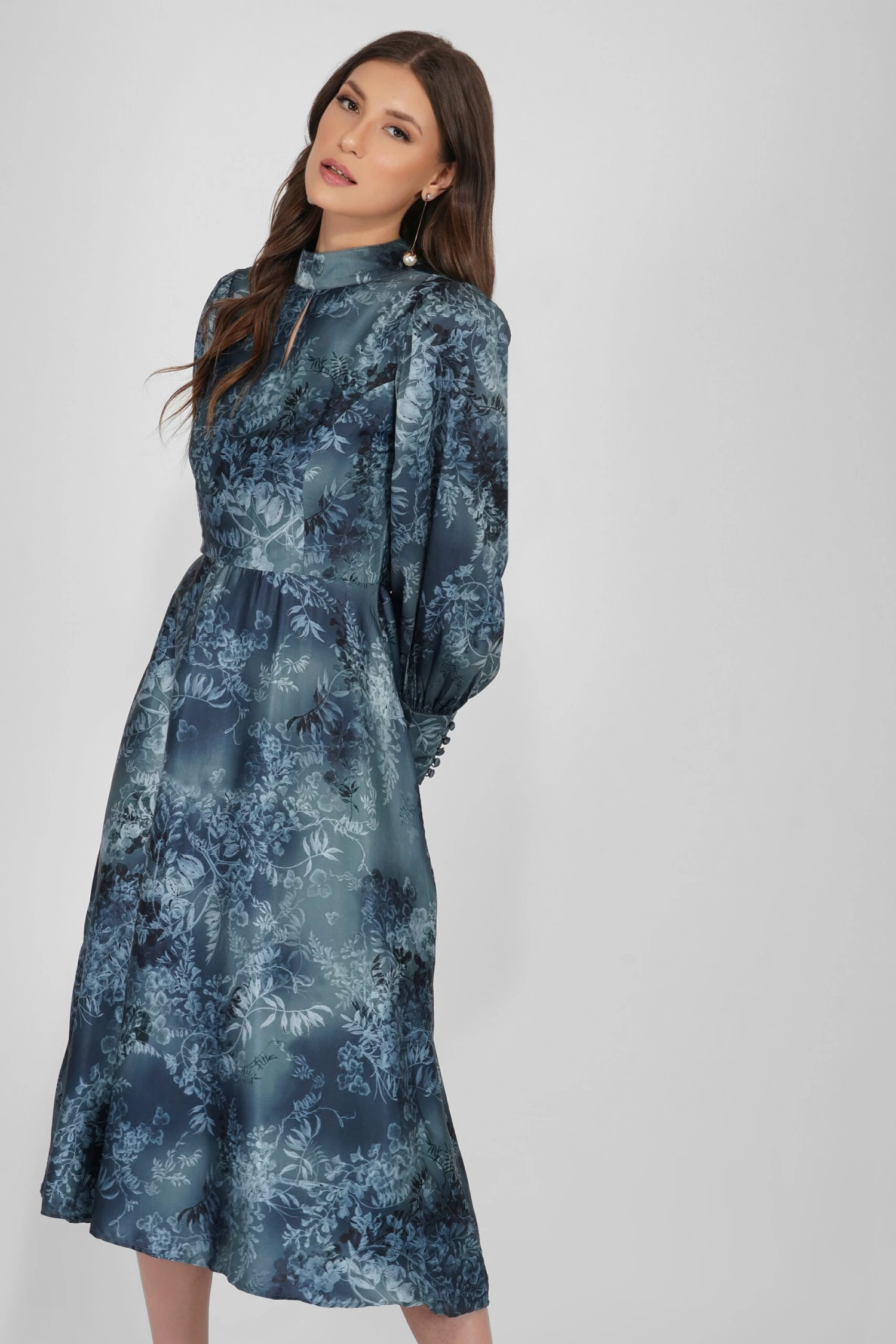 Taylor Long Sleeve Satin Midi Dress In Blue 1 Taylor Long Sleeve Satin Midi Dress In Blue