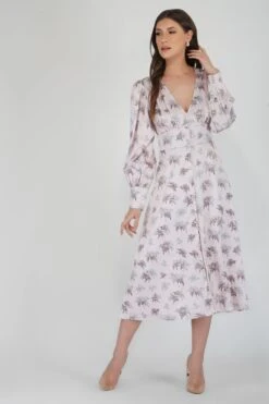 Tessa Long Sleeve Satin Midi Dress In Pink -Laceand Beads TessaPink 3