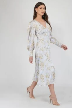 Tessa Long Sleeve Satin Midi Dress In Champagne -Laceand Beads TessaWhiteGold 4