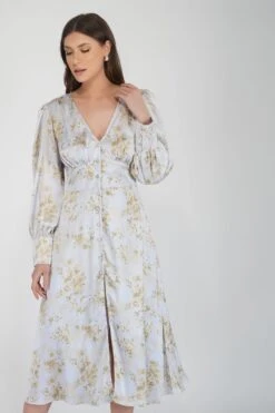 Tessa Long Sleeve Satin Midi Dress In Champagne -Laceand Beads TessaWhiteGold 5