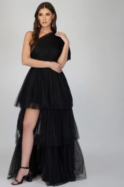 Rowena One Shoulder Tulle Gown In Black