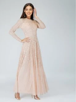 Sila Long Sleeve Embellished Maxi Dress In Blush Pink -Laceand Beads siLA 1