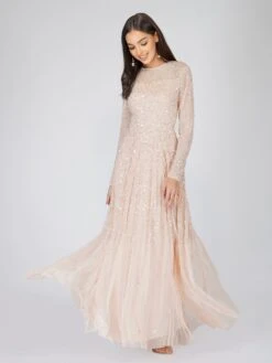 Sila Long Sleeve Embellished Maxi Dress In Blush Pink -Laceand Beads siLA 4