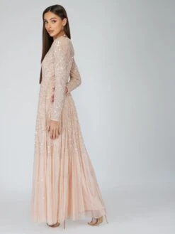 Sila Long Sleeve Embellished Maxi Dress In Blush Pink -Laceand Beads siLA 6
